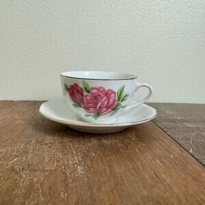 Yoko Boeki Co Japan pink Floral Rose Pattern Transferware tea cup and saucer‎